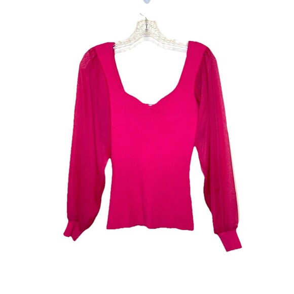 Adelyn Rae Britt Sheer Puff Sleeve Ribbed Knit Top In Party Pink Women's Small - Picture 2 of 8